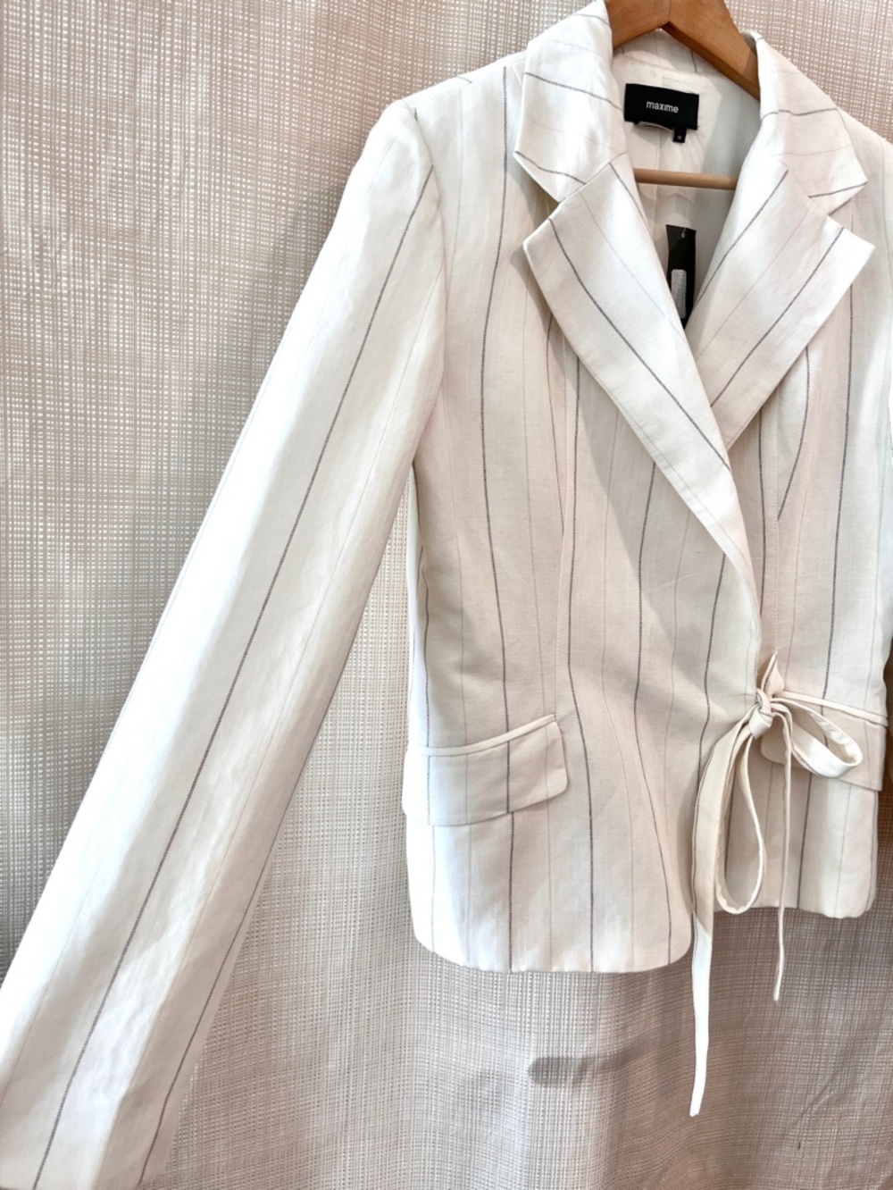 NWT Linen Double Breasted Blazer With Tie Belted Side Tie Ecru Minimalist Modern - Picture 4 of 14
